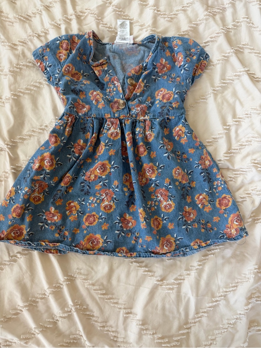 Little Lass Blue Floral Denim Dress with Orange Rose Print